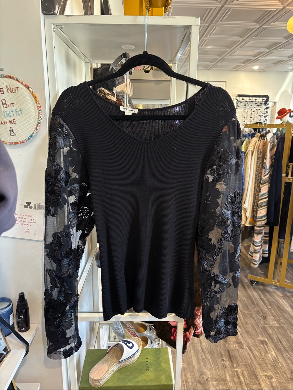 Ultra Pink Black Ribbed Top with Floral Lace Sleeves